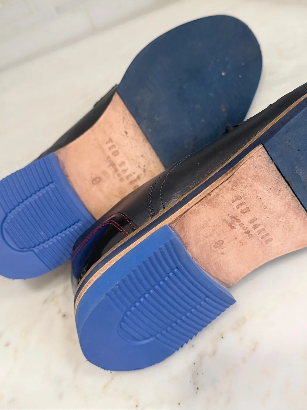 Ted Baker London Navy Leather Cap-Toe Derbys with Brown Welt